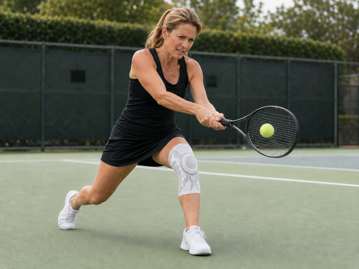 Active woman playing tennis comfortably with Kynora DialFit support